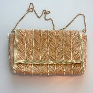 Anthropologie Raffia Pearl-Embellished Clutch